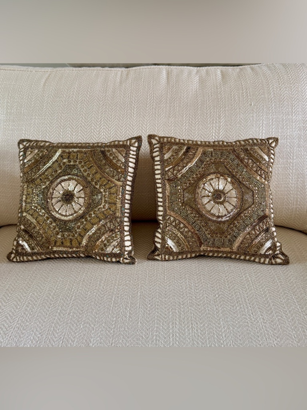 Pier 1 Gold and Brown Beaded Accent Pillows - Pair